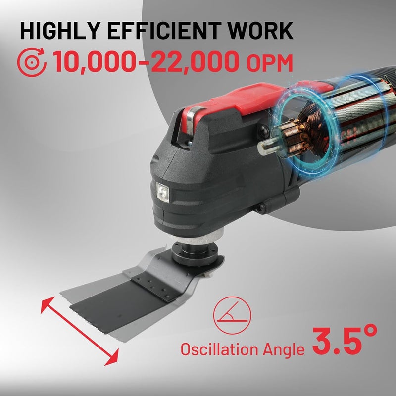 ZKH Store Oscillating Tool, 3.2 Amp Oscillating Saw, 3.5° Oscillation Angle, 10,000 to 22,000 OPM Oscillating Multi Tool with Tool-Free Blade Change, 26PS Accessories,10 ft Cord, Tool Bag for Sanding - Image 2